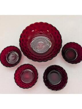 Vintage Anchor Hocking Ruby Red Bubble Glass Bowl Set - 5 Pieces